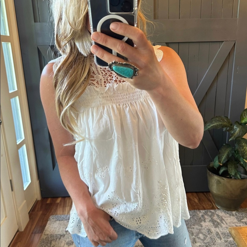 New Womens White Eyelet Layering Lace Sleeveless Tank Top Baby Doll Blouse Shirt - Picture 6 of 10